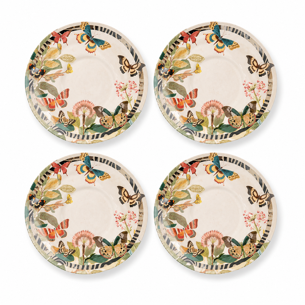Enchanted Butterfly Garden Plates with Graphic Striped Rim - Set of 4