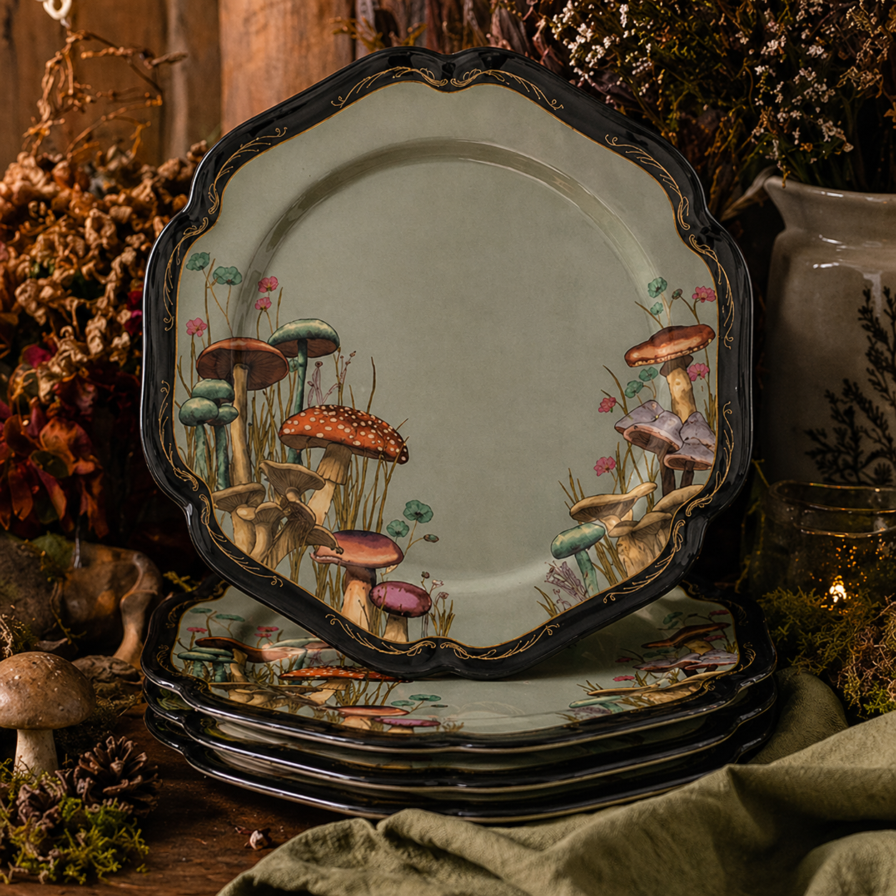 Vintage Forest Mushroom Scalloped Plates - Set of 4