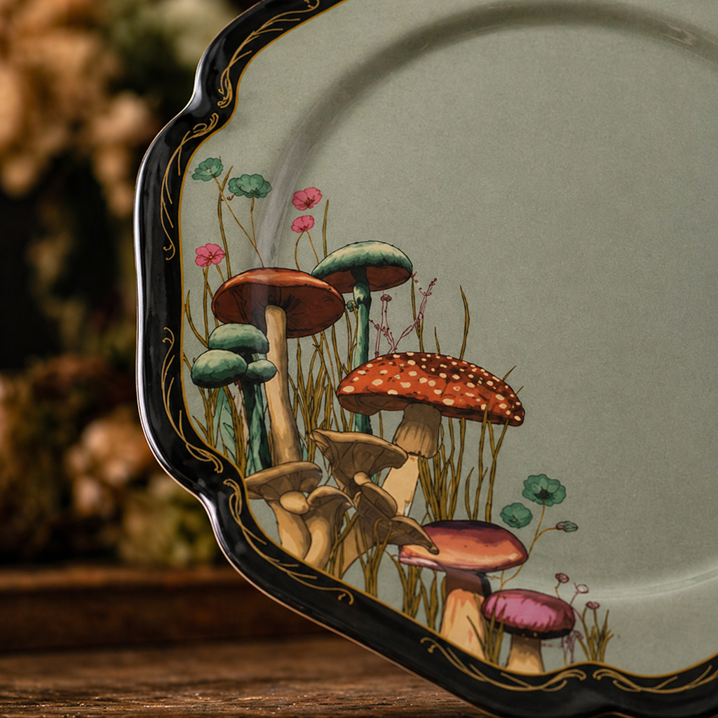 Vintage Forest Mushroom Scalloped Plates - Set of 4