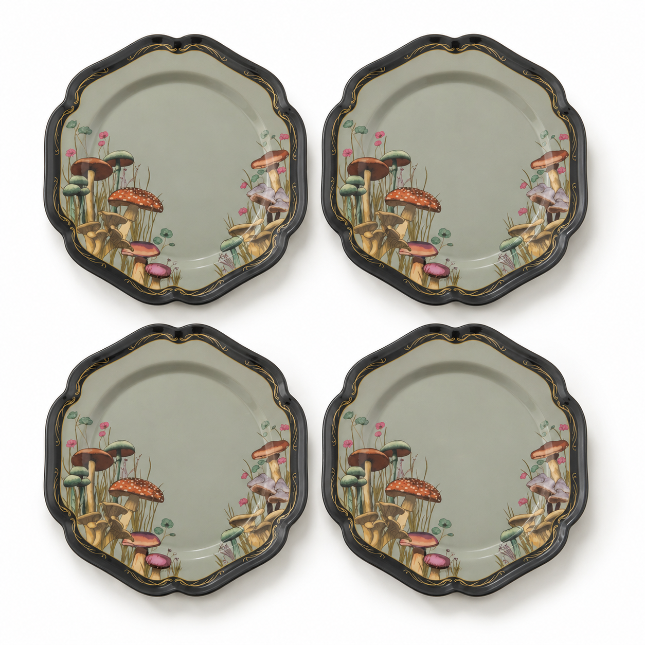 Vintage Forest Mushroom Scalloped Plates - Set of 4