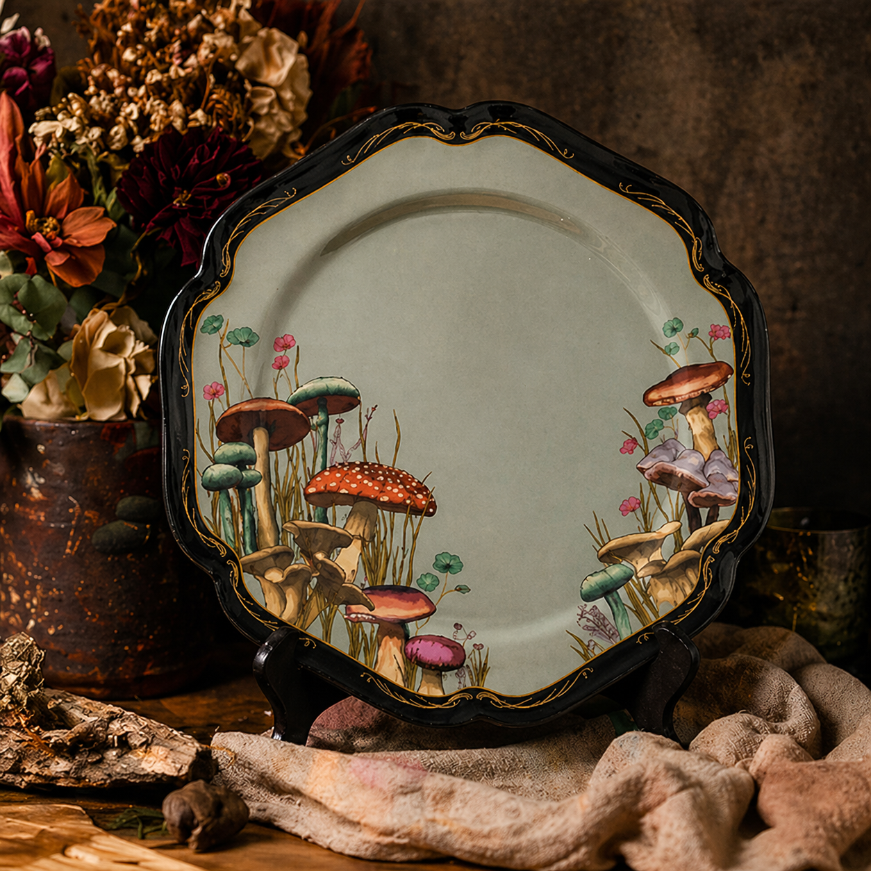 Vintage Forest Mushroom Scalloped Plates - Set of 4