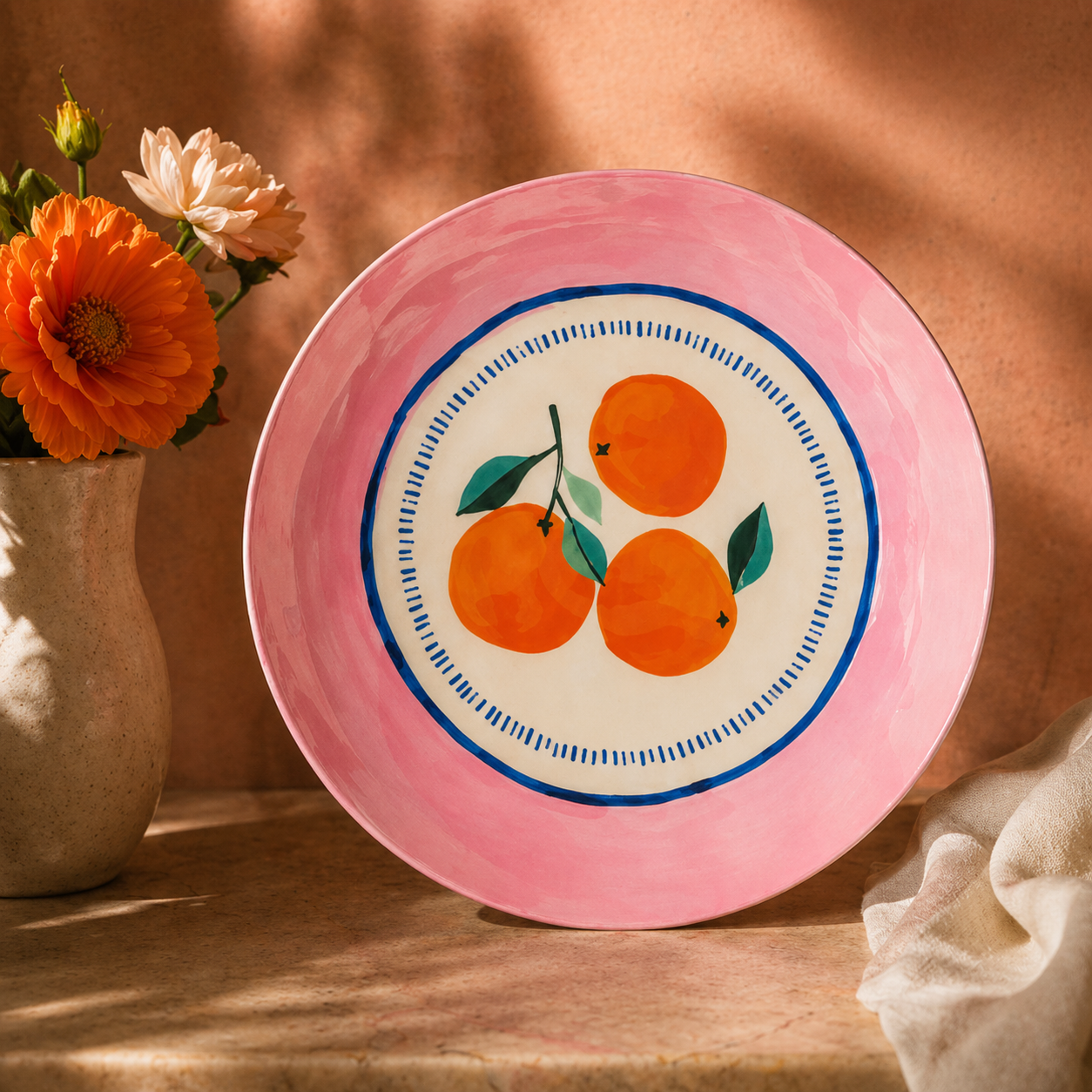 Pastel Pink Citrus Motif Plates - Set of 4