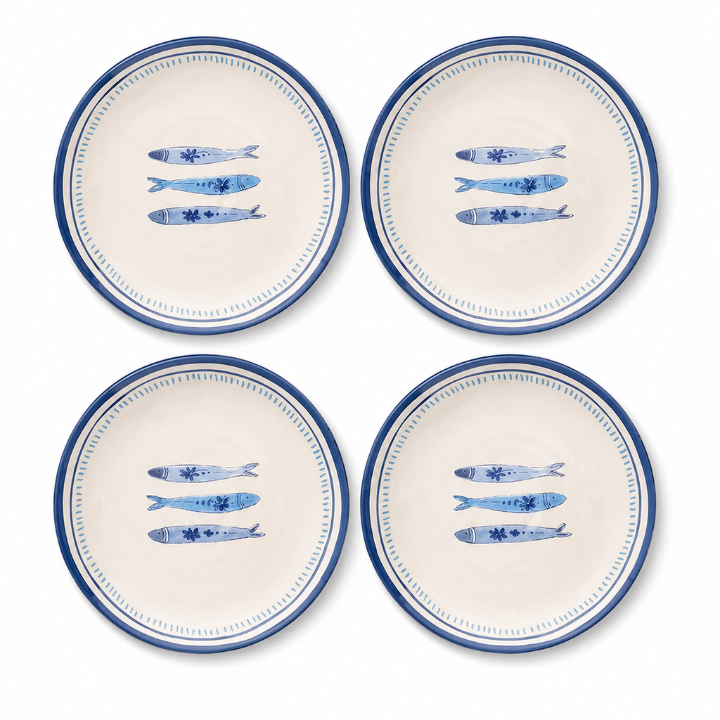 Coastal Blue Sardine Motif Plates - Set of 4