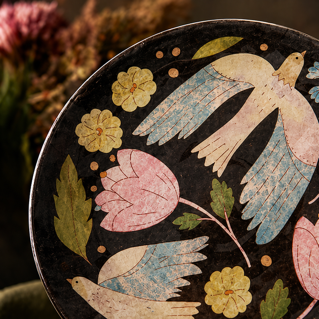 Moody Folk Art Floral & Bird Plates - Set of 4