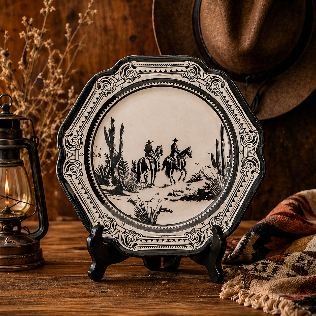 Vintage Western Cowboy Toile Scalloped Plates - Set of 4
