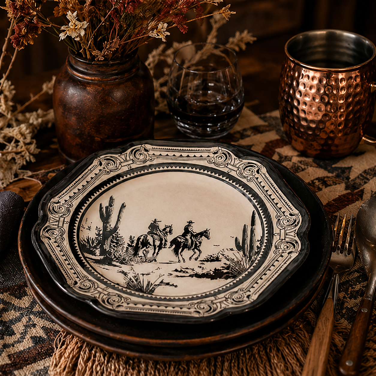 Vintage Western Cowboy Toile Scalloped Plates - Set of 4